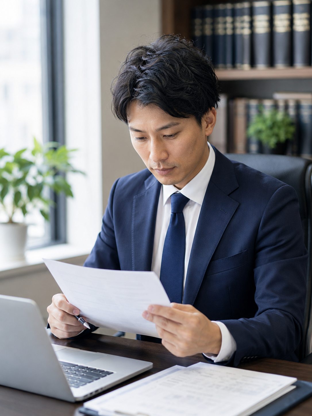 書類を確認する代表(架空人物・AI生成のサンプル画像)