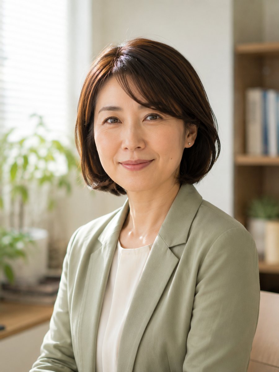 代表・小暮 千夏のポートレート（架空人物・AI生成のサンプル画像）