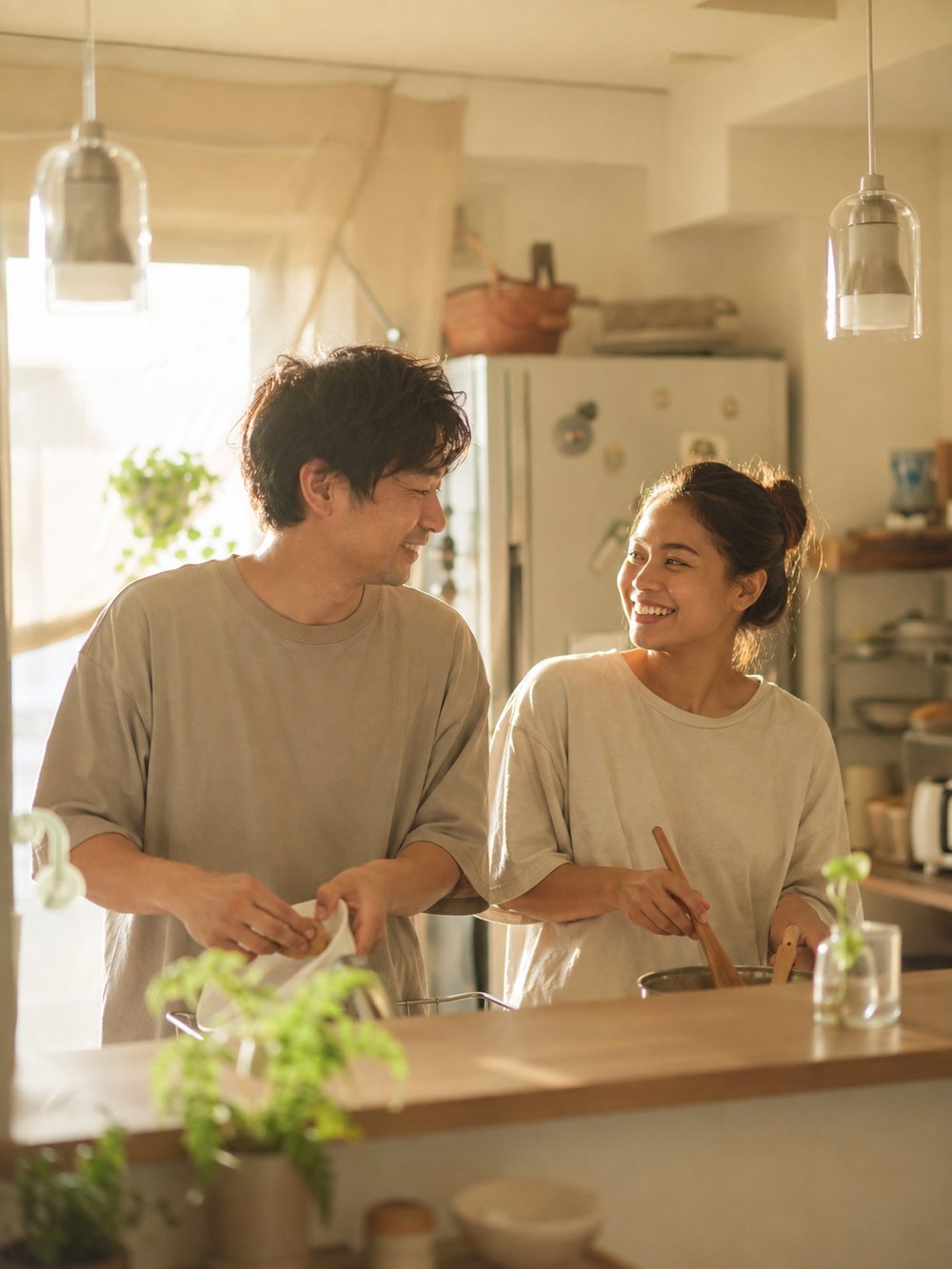 自宅のキッチンで並んで笑い合う国際結婚のご夫婦（架空人物・AI生成のサンプル画像）