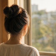 窓辺に立つ女性の後ろ姿（架空人物・AI生成のサンプル画像）